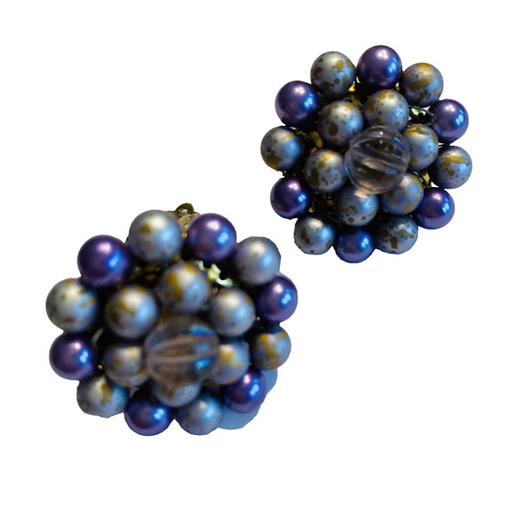 Vintage Mid Century Purple Lavender Beaded Clip On Earrings Clusters Gold Japan - Picture 4 of 7